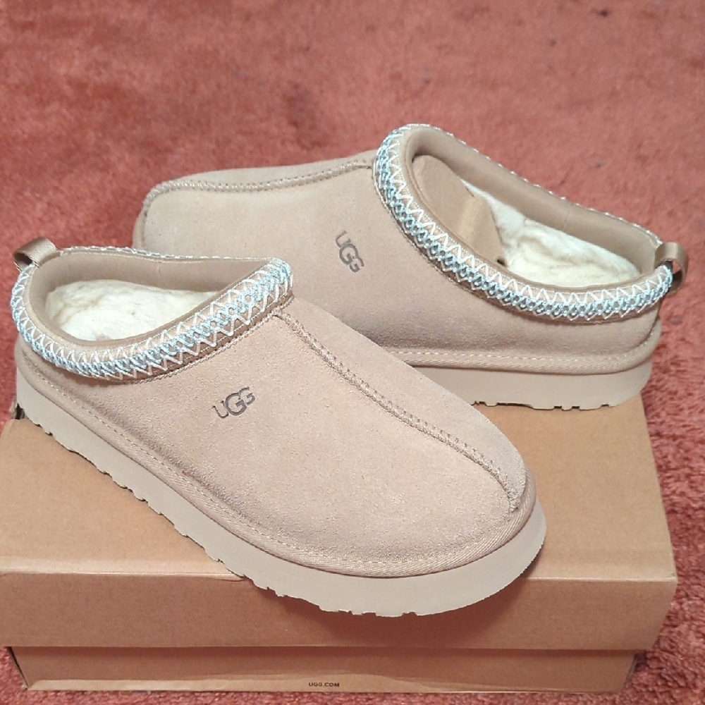 UGG Tazz Women's Sand Platform Suede Shearling-Lined Slip-Ons - Picture 2 of 3